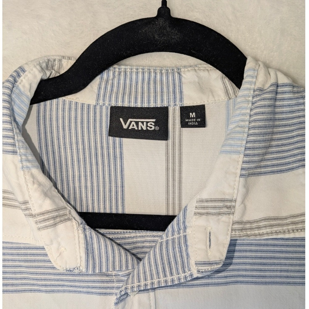 Vans Short Sleeve‎ Button Up Shirt Men's Medium White Blue Striped Casual